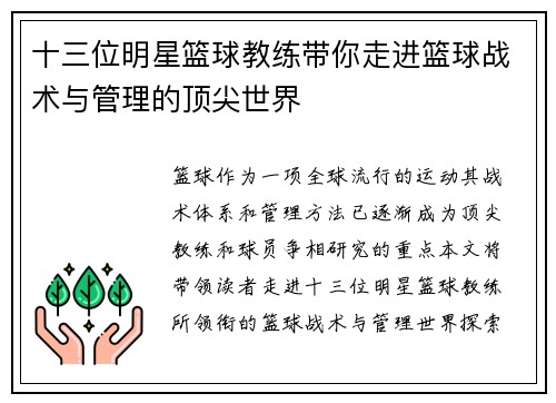 十三位明星篮球教练带你走进篮球战术与管理的顶尖世界